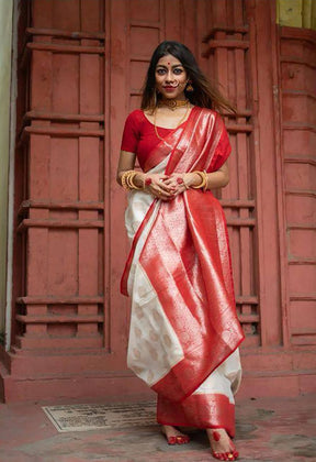 Banarasi Silk Saree With Zari Work & Contrast Border-White & Red