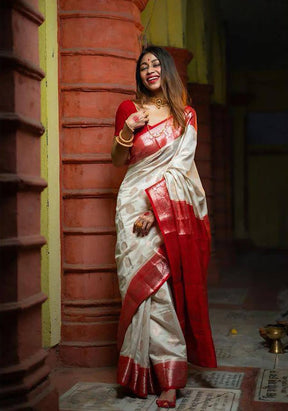 Banarasi Silk Saree With Zari Work & Contrast Border-White & Red