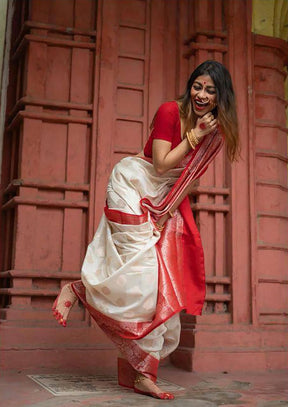 Banarasi Silk Saree With Zari Work & Contrast Border-White & Red