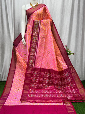 Pochampally Ikkat Handloom Soft Silk Saree With Golden Zari Border