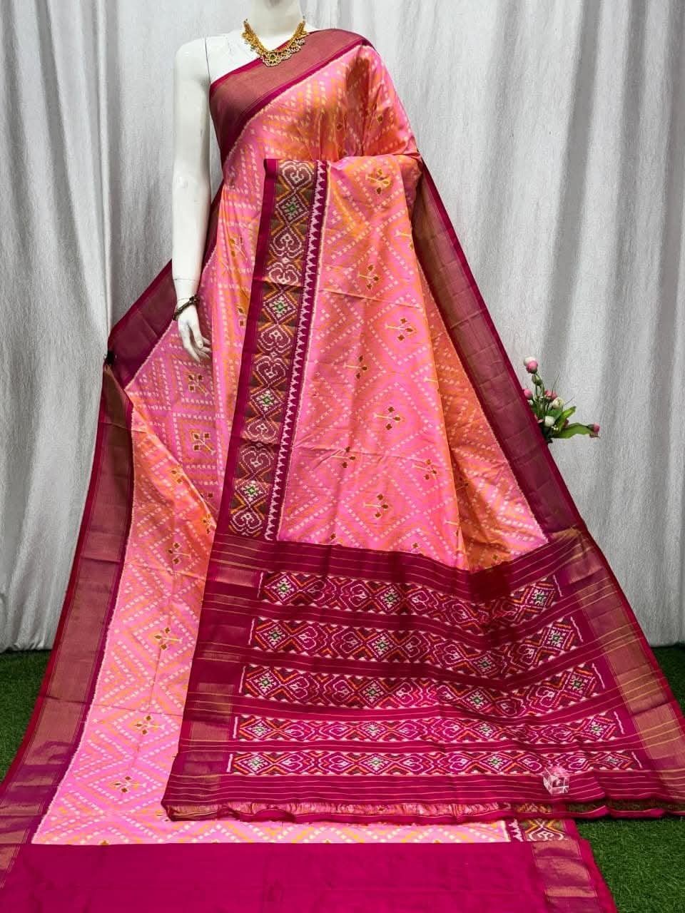 Pochampally Ikkat Handloom Soft Silk Saree With Golden Zari Border