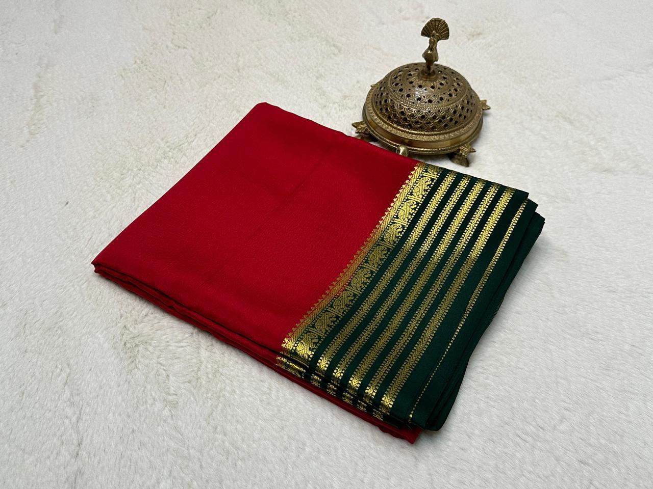Exclusive Zari Border Carmine Red Traditional Mysore Silk Saree