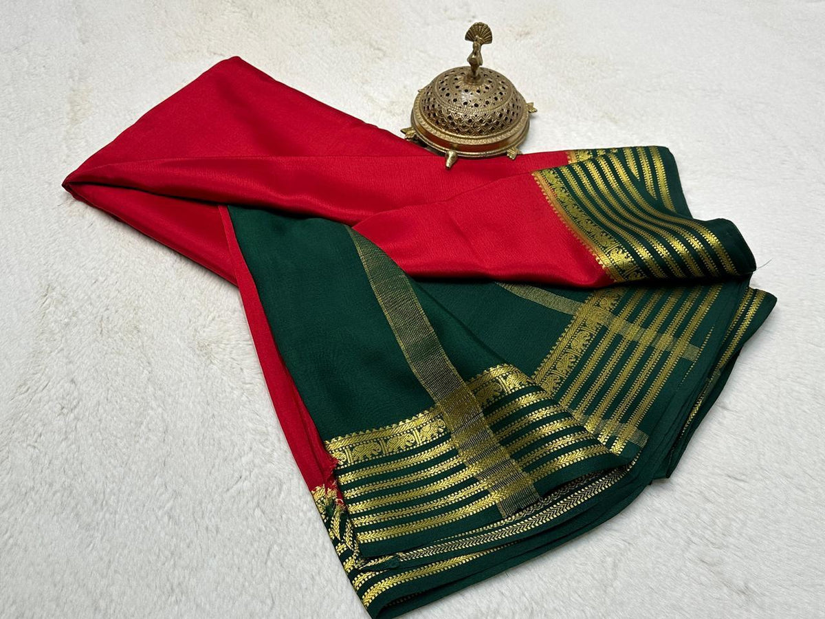 Exclusive Zari Border Carmine Red Traditional Mysore Silk Saree
