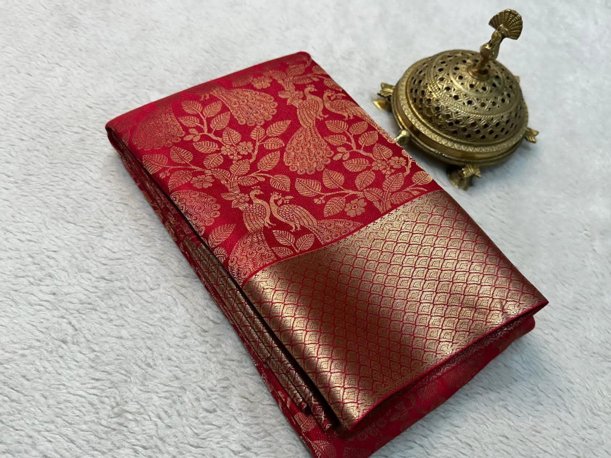 Carmine Red Colour Pure Mysore Silk Saree With Zari Weaving