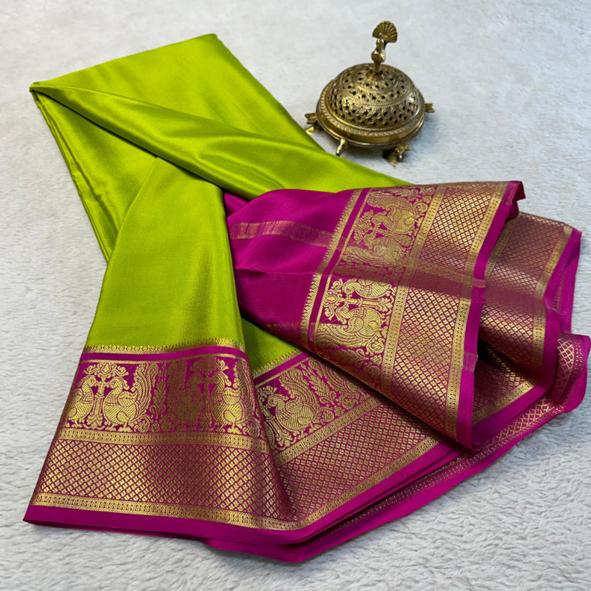 Olive Green Pure Mysore Silk Saree With Beautiful Zari Border