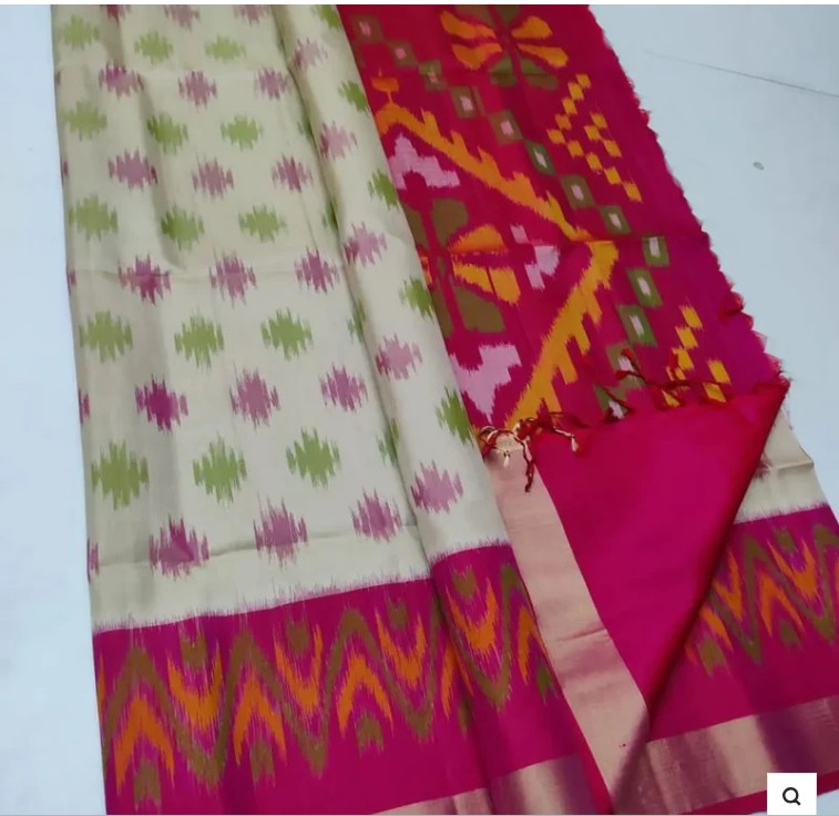 Ikkat Printed Pink Raspberry Handloom Silk Saree