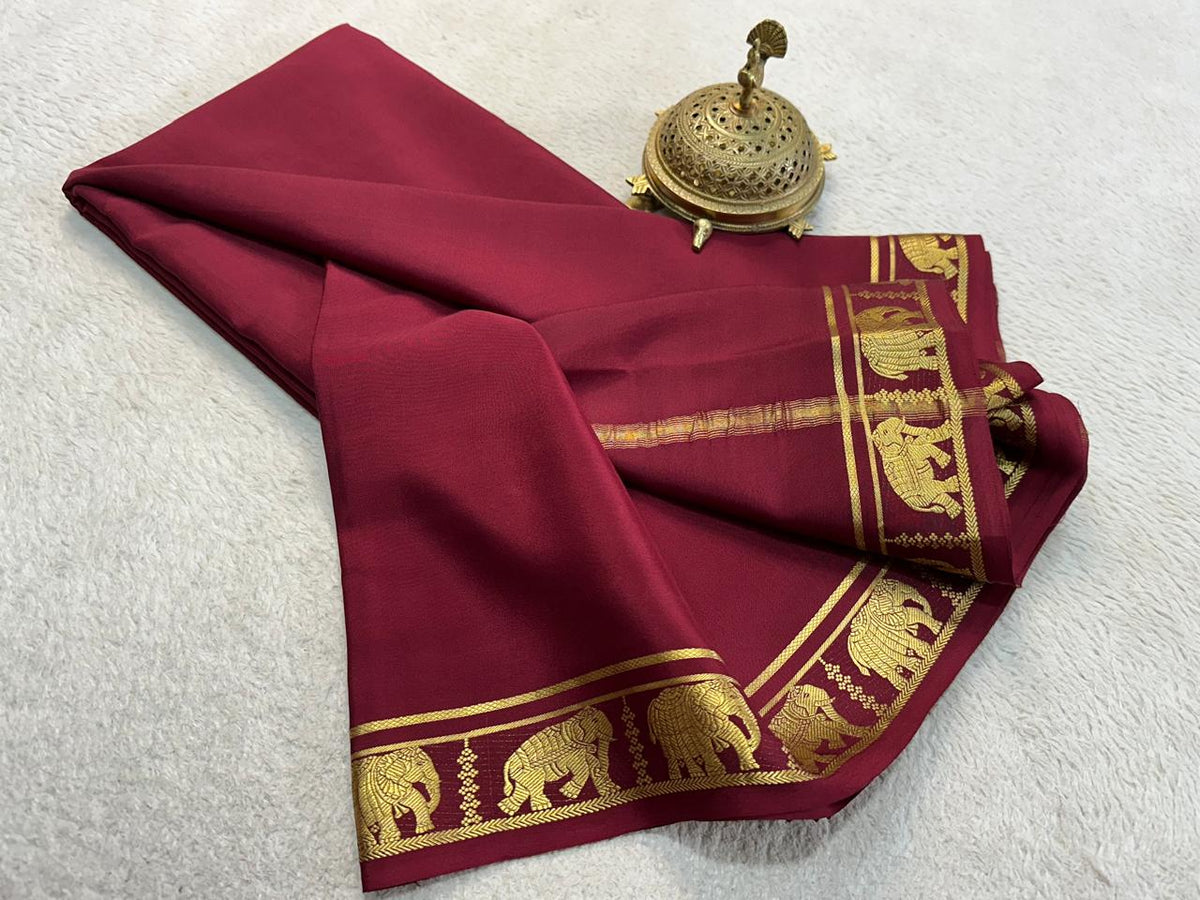 Chocolate Brown Mysore Crepe Silk Saree With Elephant Zari Border