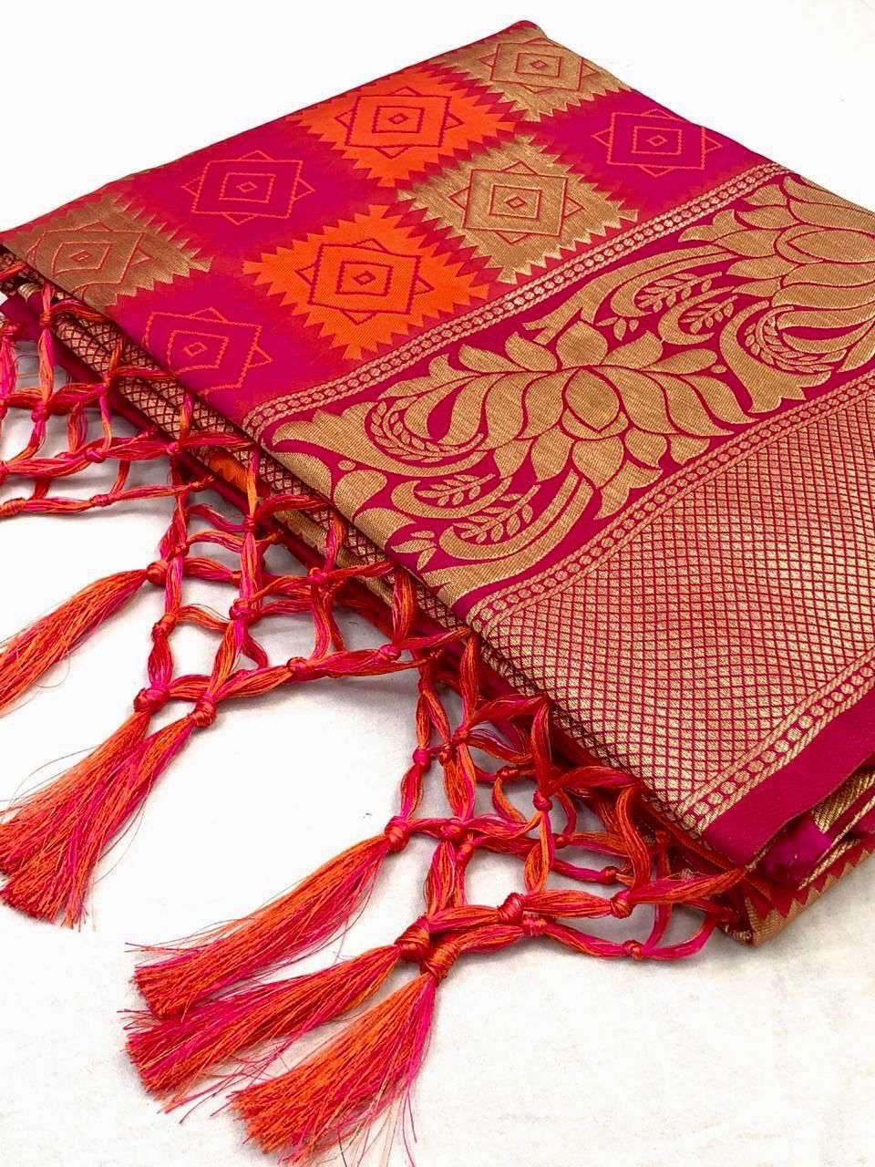 Most Selling Kanjivaram Saree With Beautiful Rich Pallu & Jacquard Work & Jhalar
