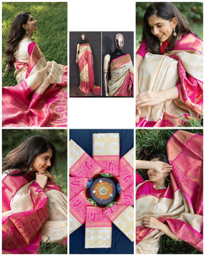 American Silver Color Silk Saree With Rich Pallu & All Over Jacquard Work in Saree