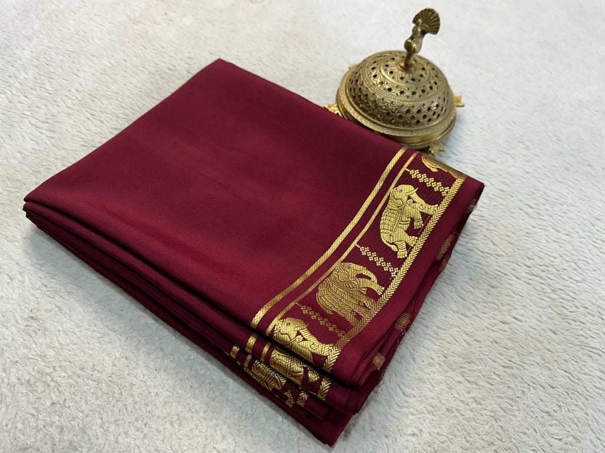 Chocolate Brown Mysore Crepe Silk Saree With Elephant Zari Border