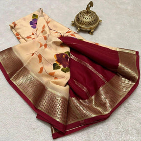 Mysore Printed Crepe Silk Sarees with Gold Zari Border