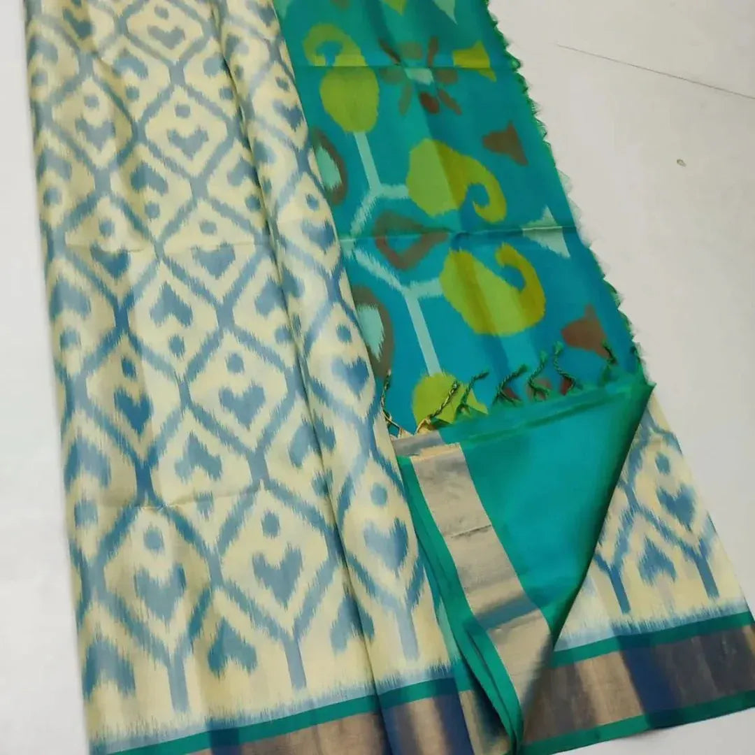Teal & Dark Vanila Ikkat Printed Mysore Silk Saree