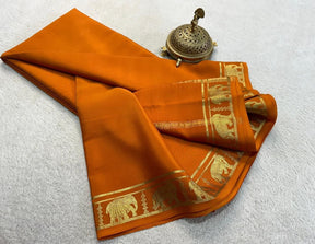 Metalic Orange Colour Mysore Silk Saree With Elephant Zari Border