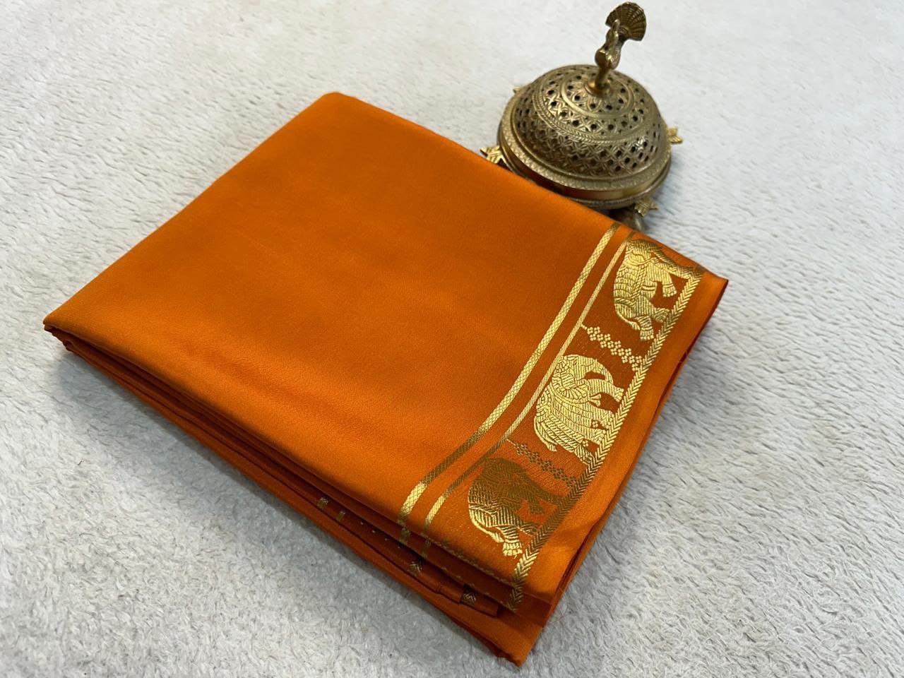 Metalic Orange Colour Mysore Silk Saree With Elephant Zari Border